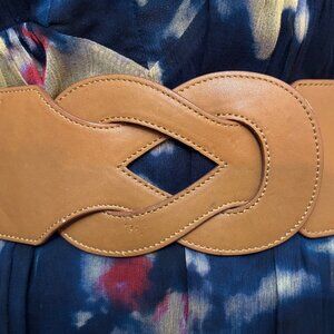 New LAUREN Ralph Tan Leather Crochet Stretch Wide Striped Belt Leather Buckle